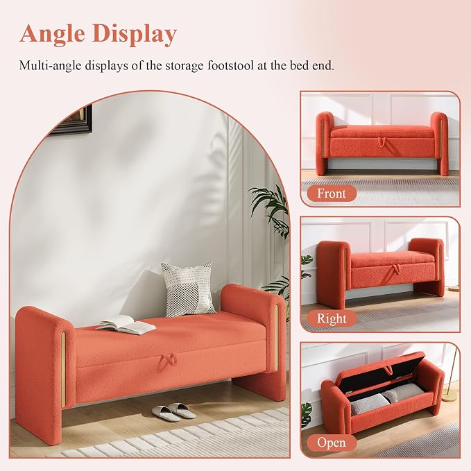 Storage Ottoman Bench, End of Bed Bench with Pull-Ring | 52" Teddy Upholstered, Window Bench with Armrest, Generous Storage, Safety Hinge, Holds 250 LBS, for Bedroom, Orange