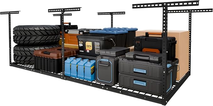 FLEXIMOUNTS 4x8 Overhead Garage Storage Rack, Adjustable Organization System, Heavy-Duty Metal Ceiling Racks, 750lbs Weight Capacity, Black, Classic Series | 750lbs Weight Capacity, 22"-40" Adjustable Organization System, Heavy-Duty Metal Ceiling Racks...