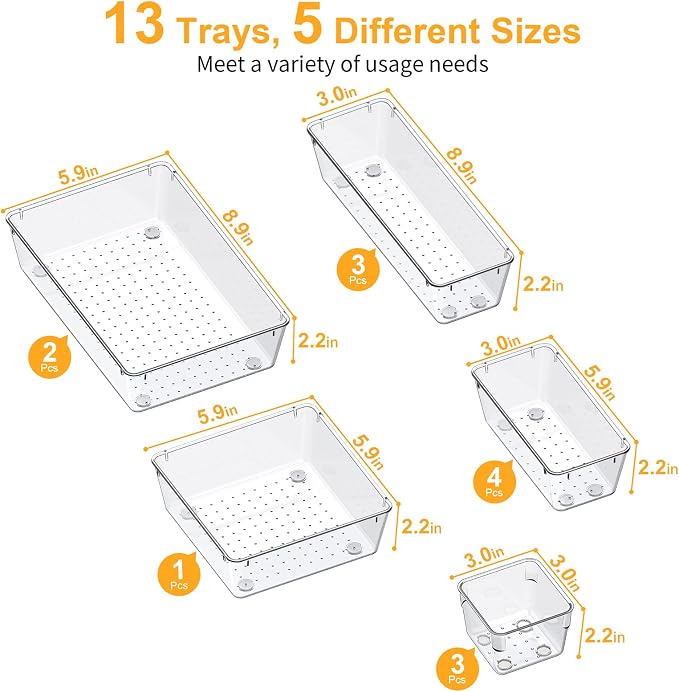 SMARTAKE 13-Piece Drawer Organizers with Non-Slip Silicone Pads, 5-Size | Clear Desk Bathroom Drawer Organizer Trays Storage Tray for Makeup, Jewelry, Utensils in Bedroom Dresser, Office and Kitchen