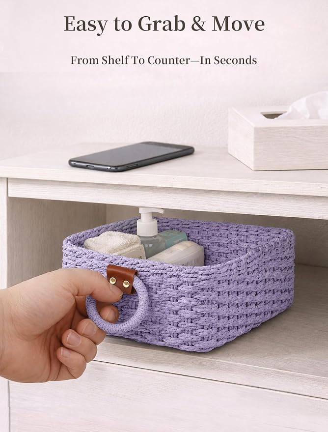 Small Wicker Baskets, 3 PCS Paper Rope Baskets for Shelves, Purple | Recycled Small Baskets, 3 Sizes Woven Baskets for Organizing, Decorative Storage Baskets for Bedroom and Bathroom