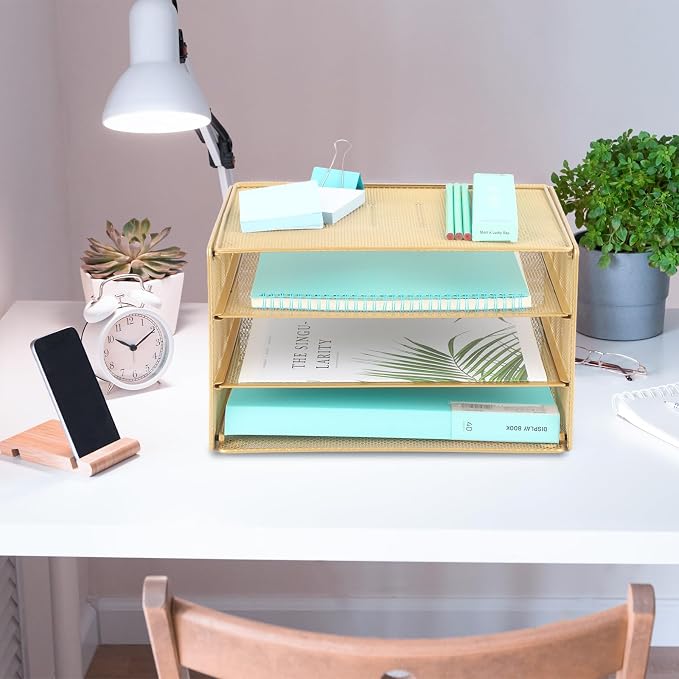 Paper Organizer Tray, 3 Tier Mesh Desk File Organizer Letter Sorter Holder for Home Office, Gold