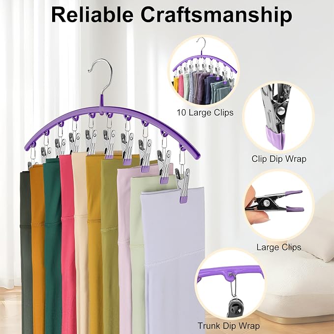 Volnamal Legging Organizer for Closet,2 Pack Metal Yoga Pants Hanger-Purple | Clothes Hanger w/10 Clips Hold 20 Leggings,Space Saving Hanging Closet Organizer College Dorm Essentials Apartment Essential
