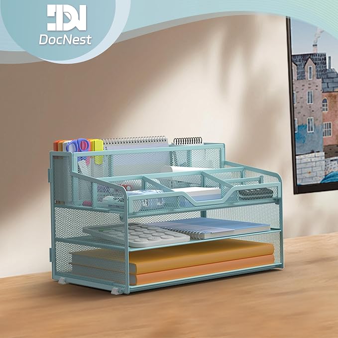 Docnest 3 Tier Mesh Desk Organizer with Letter Tray & Paper Sorter, Blue | Features 3 built-in pen holders & 5 adjustable compartments on top. Includes 4 non-slip rubber feet for desk protection