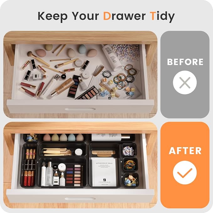 【Military Grade】A-LuGei Drawer Organizer,【𝟱𝗦𝗶𝘇𝗲】Makeup organizer,【Holds 177 Items】Bathroom Organizers and Storage,Organization and Storage,Desk Drawer Organizer for Vanity【Black】