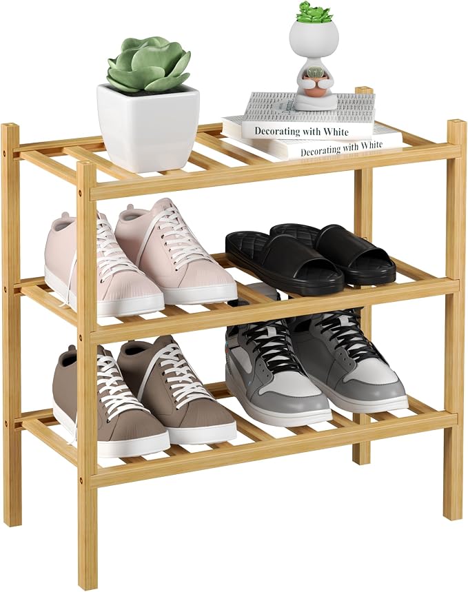 ROMGUAR CRAFT 3-Tier Bamboo Small Shoe Rack, Free Standing Wood Shoe Shelf Storage Organizer for Closet Entryway Stackable (Natural)