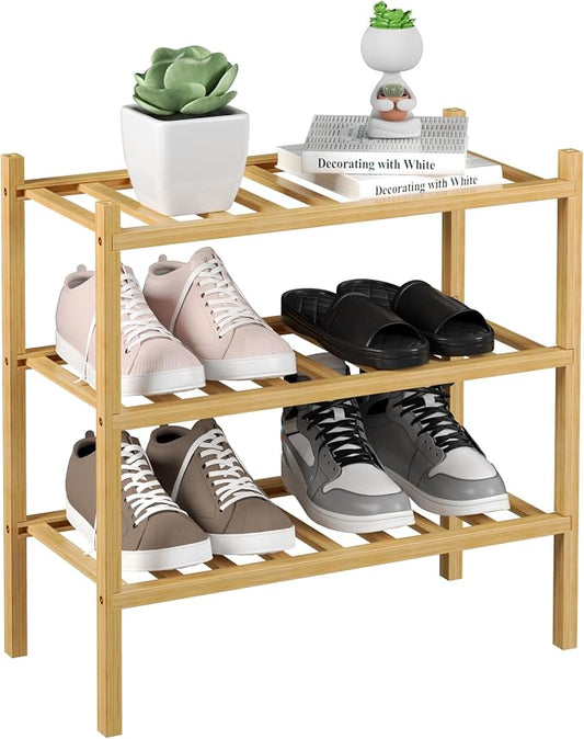 ROMGUAR CRAFT 3-Tier Bamboo Small Shoe Rack, Free Standing Wood Shoe Shelf Storage Organizer for Closet Entryway Stackable (Natural)