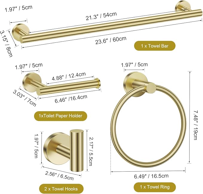 TURS Brushed Gold Bathroom Hardware Set 5 Piece, SUS304 Stainless Steel Bath Towel Bar Set, 24 Inch Bathroom Accessories Kit Wall Mounted