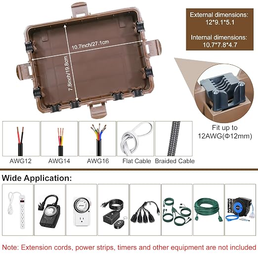 Waterproof Electrical Box, Large Outdoor Extension Cord Covers Waterproof, 8 Cable Seal Entry Weatherproof, IP54 Protect Power Strip, Timer Outlet Plug, Socket, Holiday Light Decoration (Brown)