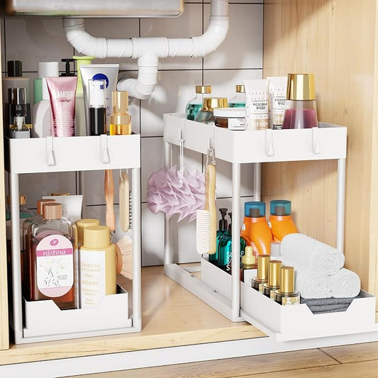 Simple Trending Under Sink Organizer 2 Pack, Sink Pull-Out Sliding Storage Cabinet, 2-Tier Under Shelf Organizer for Kitchen Bathroom, White