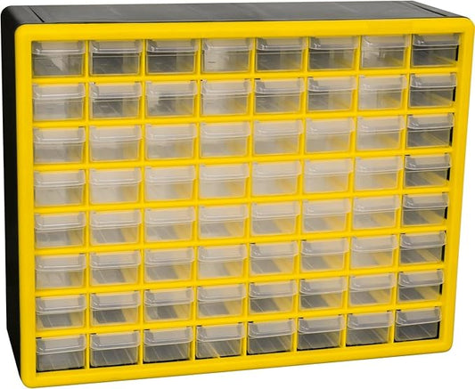Akro-Mils 64-Drawer Plastic Storage Cabinet, 20"W x 6"D x 16"H, Yellow | Plastic Cabinet w/ Drawers for Garage Organization, Beads, Building Bricks Storage, Teacher Toolbox, Makeup Organizer, 10164