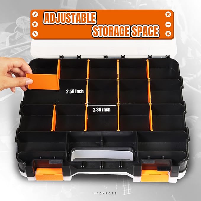 Jack Boss Tool Box with Transparent Lid, Double Side 34-Compartments Organizer Box with Removable Dividers for Hardware, Screws, Bolts, Nails, Beads, Jewelry and Fishing Accessories, Orange, 2 Pack