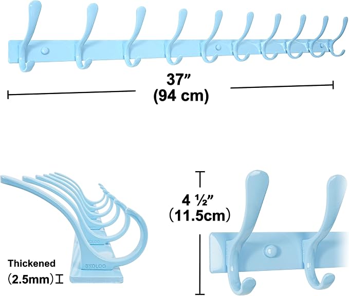 SKOLOO Coat Rack Wall Mounted - 10 Hooks, Heavy Duty, Stainless Steel, Metal Wall Hanger, Sturdy Coat Hooks for Hanging Coats, Jacket, Clothes, Hat, Blue