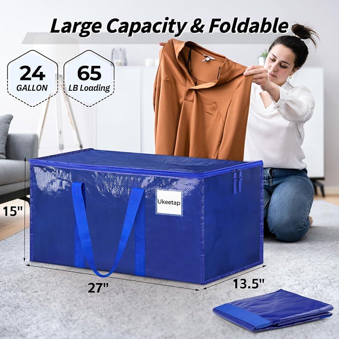 8 Pack Extra Large Clothes Storage Bins with Lids, Storage Bags with Reinforced Handles & Heavy-Duty Zippers, Moving Bags, Moving Boxes Totes for Clothes Packing, Dorms, College Supplies, Blue