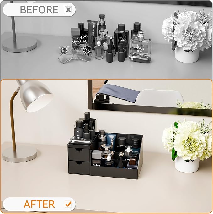 Makeup Organizer with 2 Drawer,Black Cologne Organizer for Men,Cologne Stand and Rack,Skin Care,Perfume Organizer Holder and Fragrance Shelf for Vanity,Bathroom Countertop and Dresser Top,1PCS