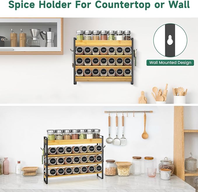 EsLuker.ly Spice Seasoning Rack Organizer Kitchen Countertop, 4 Tier Bamboo | Spice Shelf Holder Storage with 4 Hooks, Wall Mounted Freestanding Stand for Pantry, Quick Spice Access(Jars Not Included)