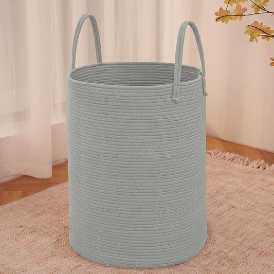 JMvicyroam 100L Cotton Rope Laundry Basket Hamper, Grey | Collapsible laundry basket, reinforced handles, freestanding, machine washable, holds 3-5 thick blankets, clothes or toys
