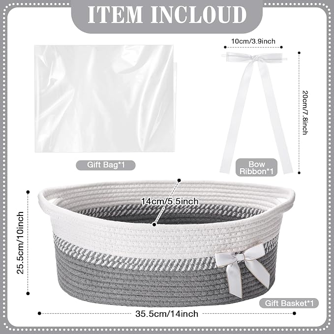 Colingmill 1 Set Woven Empty Basket for Gift,Gray White | with Cellophane Wrap Set, 14 x 10 x 5.5 Inch, Medium Decorative Gift Basket, Cotton Rope Storage Box, Home Decor