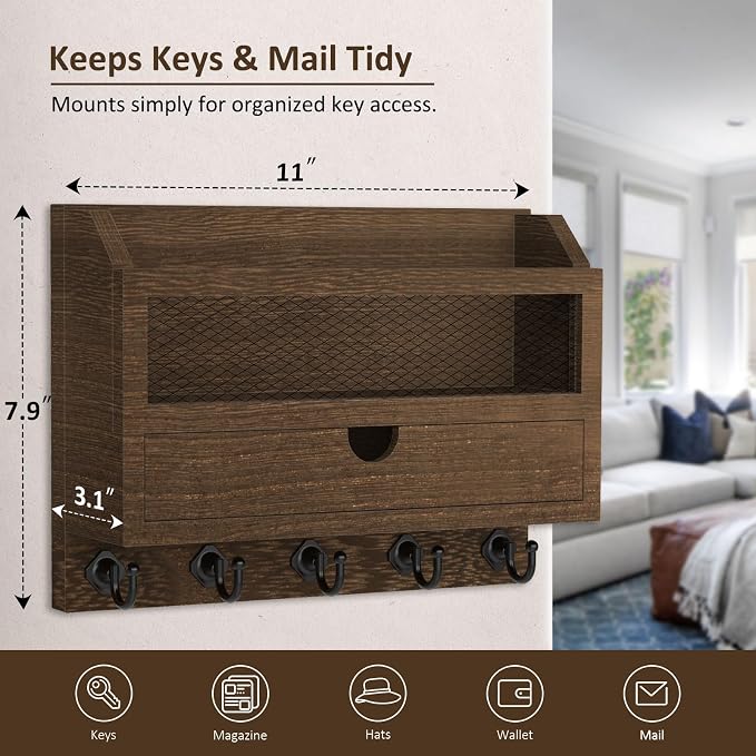 Nekon Key and Mail Holder for Wall, Key Organizer with 5 Hooks & Storage Drawer, 11" W x 7.9" H x 3.1" D Wooden Key Rack for Entryway and Home Decor (Brown)