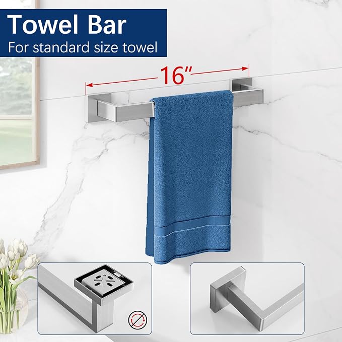 Brushed Nickel Towel Rack for Bathroom Wall Mounted, Bathroom Accessory Set 5-Pieces Bathroom Hardware Set 16In Towel Bar Set