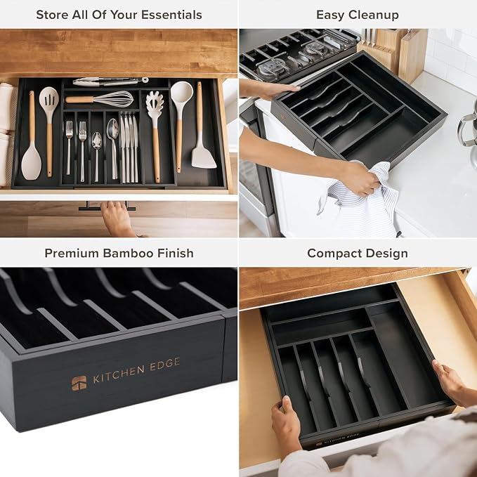 KitchenEdge Silverware & Utensil Drawer Organizer, 16-28 in, Black Bamboo | Cutlery, flatware, food-safe contract grade, kitchen drawer fit