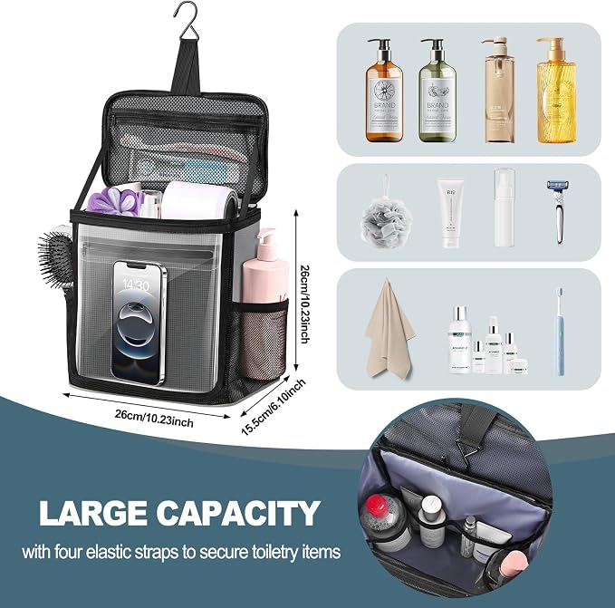 Portable Hanging Shower Caddy, Large Capacity Travel Toiletry Bag for Men & Women, Bath Organizer with Hook & Waterproof Phone Compartment, for Gym, Travel, Dorm, Picnic, Bathroom(Grey)