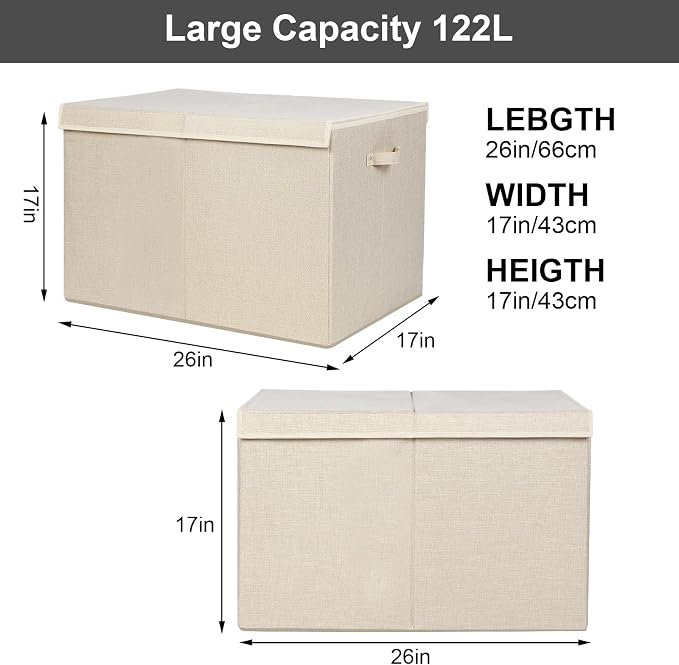 122L Large Toy Box Chest Storage with Lid, Collapsible Kids Toy Storage | Toy Chest with with Removable Divider for Kids, Boys, Girls, Nursery, Living Room, Bedroom, 26"x17" x17" (Linen Beige)