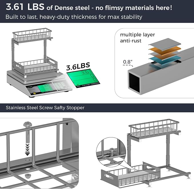 L-Shaped Under Sink Organizer, 2-Tier Pull-out Cabinet Rack 1-Pack | Grey Height-Adjustable Metal Rack, Sliding Grid Drawers with Safety Stopper, Holds 100 Lbs, Ideal Kitchen Cabinet Storage
