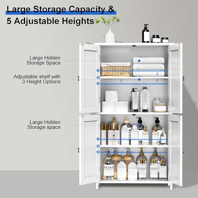 Bathroom Cabinet with Adjustable Shelf Freestanding Storage Cabinet with 2 Doors Wooden Organizer Floor for Bathroom Kitchen and Living Room (White, 4 Doors)