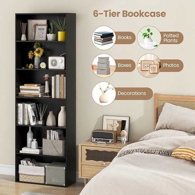 Giantex 6-Tier Bookcase, 70" Tall Wooden Bookshelf, Freestanding Storage Organizer w/Open Shelves, Anti-Tipping Kits, Modern Floor Standing Display Shelves for Living Room, Bedroom (1,Black)