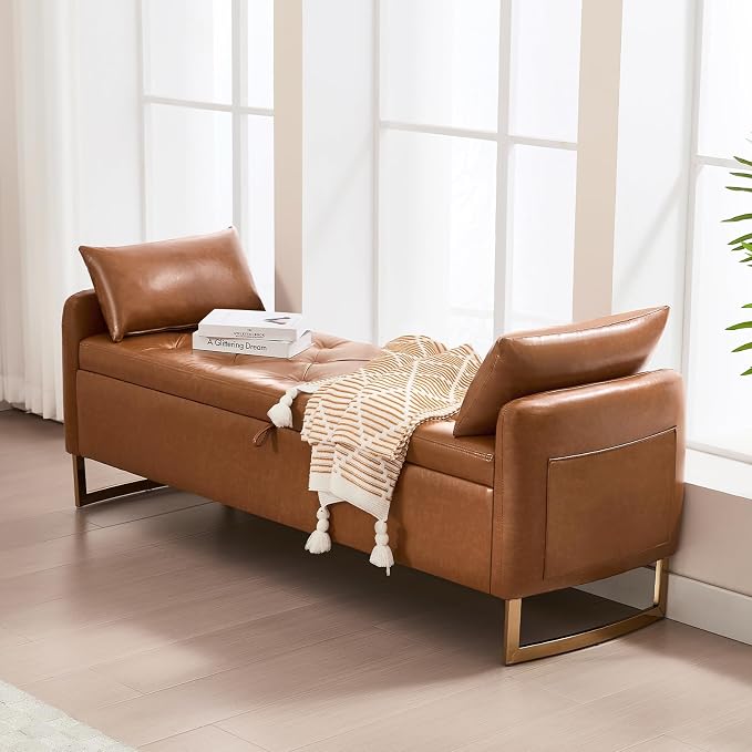 65" End of Bed Storage Bench, Leather Storage Bench for Bedroom with Tufted Button Upholstered and Gold Legs, Ottoman Bedroom Benches with Armrests for Living Room Window, Brown