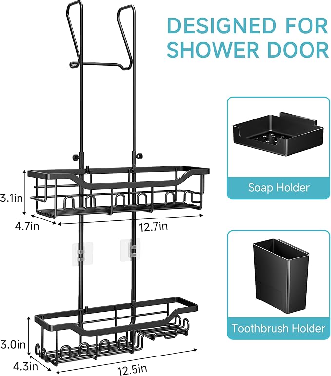 Shower Caddy Hanging Over the Door, Upgraded Extended Length Shower Organizer, Rustproof Bathroom Rack with Hooks Soap Holder