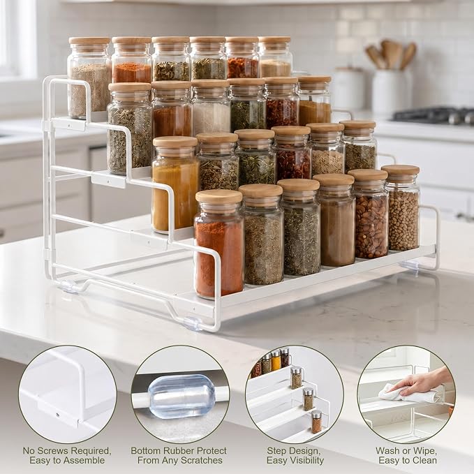 4 Tier Adjustable Spice Rack Organizer for Cabinet & Countertop | Adjustable-Depth Shelves, Tiered Visible Display, Raised Edge Guard, Vertical Space Saver, Metal Construction, White