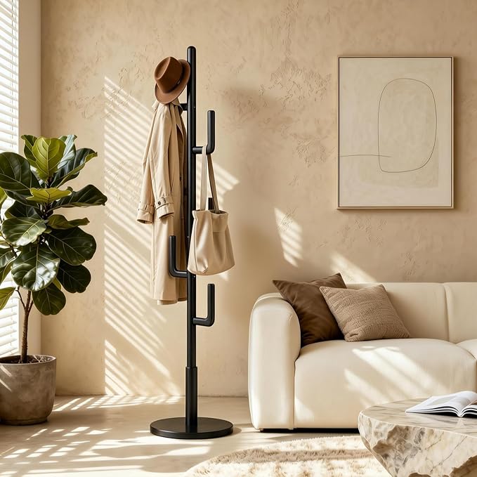 Coat Rack,Solid Wood Cactus Freestanding Coat RackWith 6 L-Shaped Hooks and 3 Adjustable Sizes,Coat Tree for Bedroom, Entryway, Livingroom, Coat Hanger Stand for Coats, Handbags (Black)