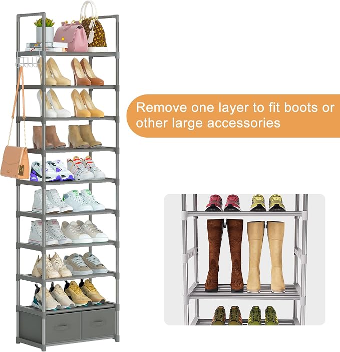 Shoe Rack Sturdy Metal 10 Tier Shoes Rack Organizer + 2Boxes 1Hook | Narrow Space Saving Shoe Storage Shelf for Closets, Tall Shoe Stand for Entryway, Living Room