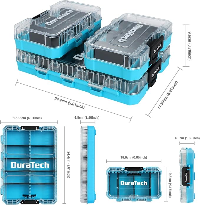 DuraTech 3-Piece Small Parts Tool Box Organizer with 14 Dividers | Stackable clear-lid boxes with 14 removable dividers; storage for screws, nuts, bolts, nails, drill bits and small hardware