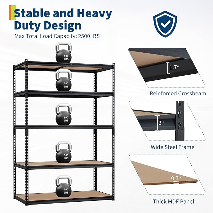 Storage Shelving Unit, 5-Tier Adjustable Metal Storage Shelves, 48" L x 24" W x 72" H Heavy Duty Garage Storage Shelves for Kitchen Pantry Basement Bathroom Laundry