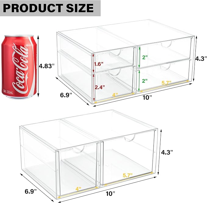 Prsildan Acrylic Makeup Organizer Clear Storage Drawer with 6 Small Drawers | Transparent, Vanity Organizers, For Bathroom Kitchen Cabinet Office Desk Under Sink, Set of 2
