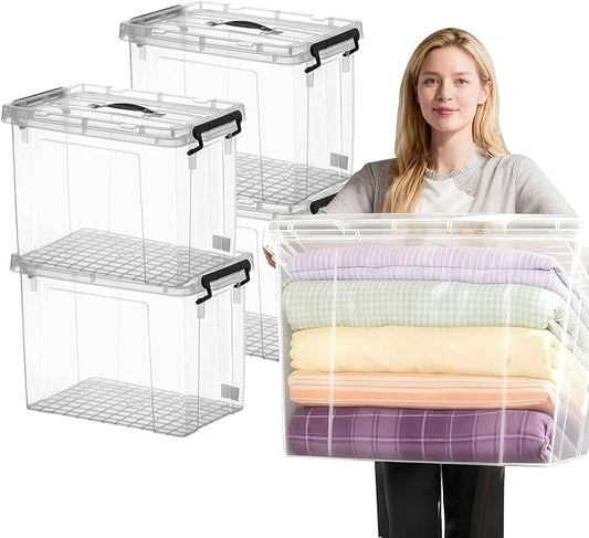 4 Pack 72 QT Plastic Storage Bins with Lids | Clear Stackable Bins with Secure Latches and Handles Heavy-Duty Storage Containers For Home Office and Garage Organization