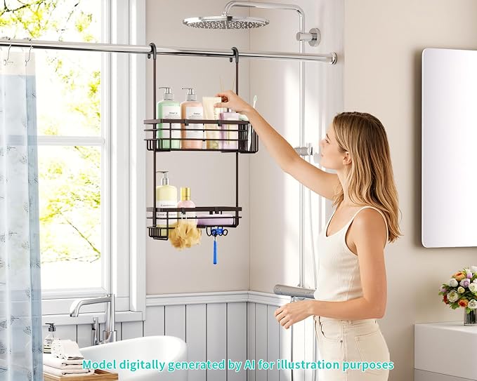 HapiRm Hanging Shower Caddy Organizer - No Drilling Shower Shelves with Hooks and Toothbrush Holder, Rustproof 304 Stainless Steel Bathroom Organizer - Bronze
