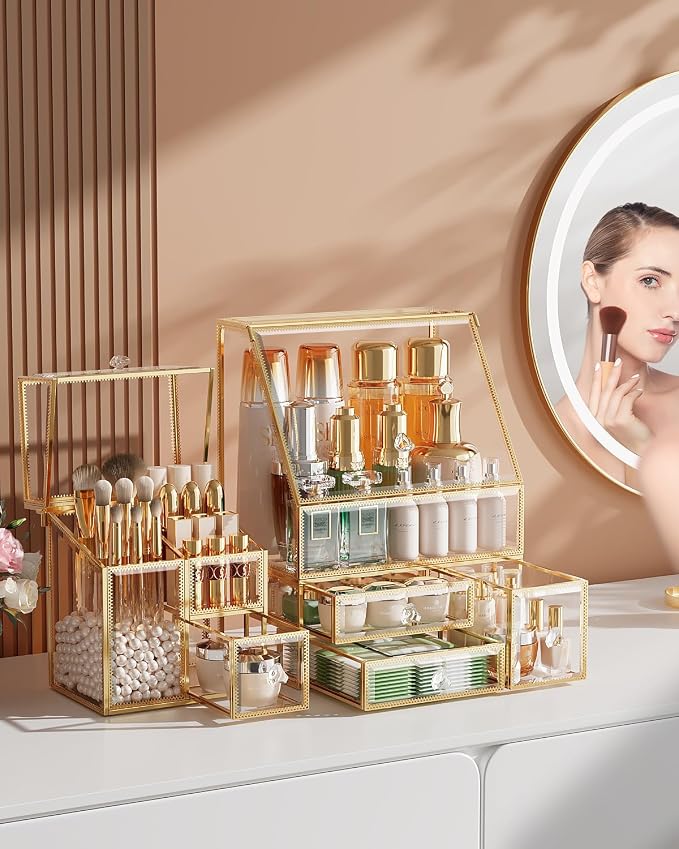 CoralHouse Glass Makeup Organizer with Brush Holder for Vanity | Clear Skincare Organizer for Vanity, Stackable, Large Capacity, for Makeup Lipstick Perfumes Brush Skincare