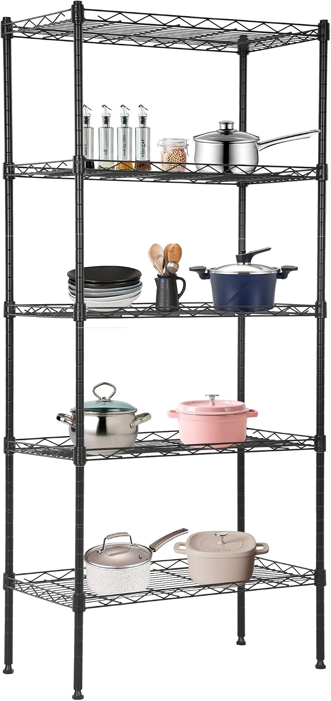 BestOffice | 5-Tier Wire Shelf | 22" x 12" x 48" | Black | Storage Shelves with Adjustable Racks, Holds upto 750 lbs | Rust-Resistant, No-Tool Assembly | For Home, Garage