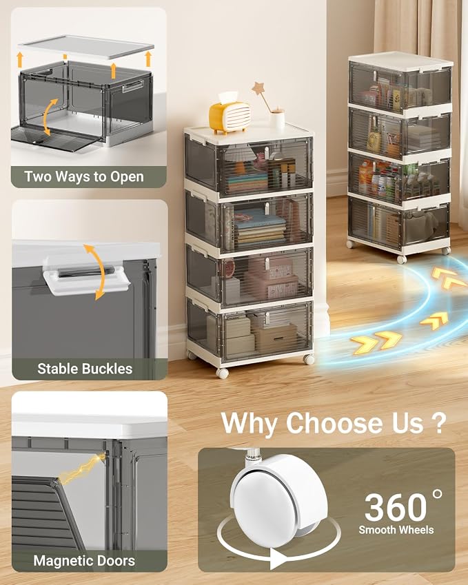 23QT Stackable Storage Bins with Lids and Wheels, 4 Tier 92QT Foldable Plastic Storage Drawers with Magnetic Doors, 4 Pack Collapsible Closet Organizer for Bedroom Office, Clear Gray