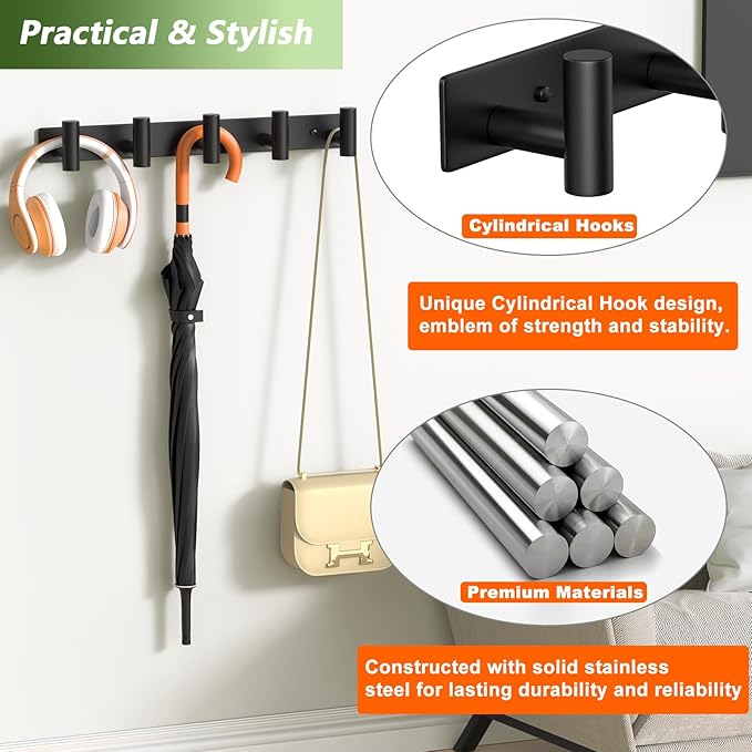 Coat Rack Wall Mounted with 5 Hooks,Heavy Duty Stainless Steel Wall Hooks for Towel Coat Bag, Hat Rack Coat Hanger Coat Hooks Towel Racks for Bathroom Entryway Kitchen Hotel (Black, 2 Packs)