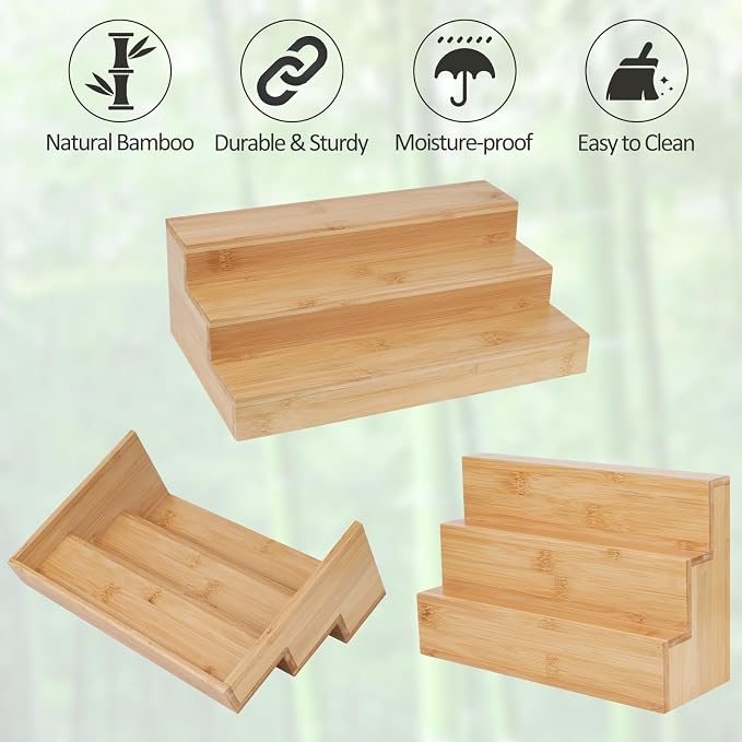 2 Pack Bamboo Spice Rack Organizer for Kitchen Counter, 3 Tier Spice Shelf | 3 Tier Countertop Step Shelf, Seasoning Storage for Kitchen Pantry, Tiered Spice Rack for Jars Bottles (Jars Not Included)