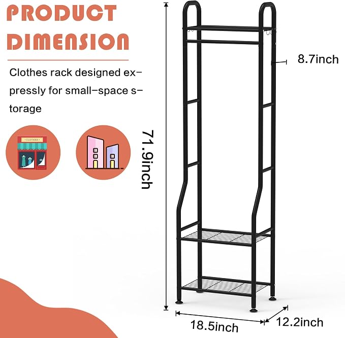 GloTika Narrow Clothes Rack - Clothing Rack with 3 Tier Metal Shelves, 71.9 Inch Tall Garment Rack with 8 Hooks, Freestanding Closet Organizer with Adjustable Leveling Feet for Small Space (Black)