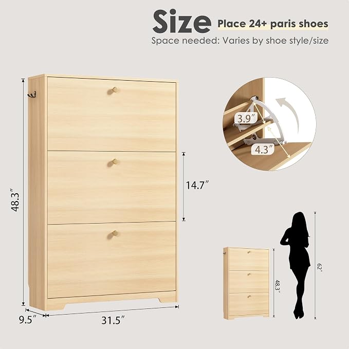 Nicetree Shoe Cabinet with 3 Flip Drawers, Entryway Storage, Natural Oak | Narrow Shoe Organizer, Freestanding Shoe Rack Cabinet, Modern Shoe Storage Cabinet for Entryway, Hallway, Foyer, With Hook