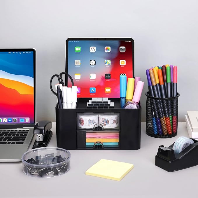 Black Desk Organizers and Accessories 12+1Pcs, Office Supplies for Desk, Pen Organizer with 2 Drawers with Stapler,1000 Staples, Phone Holder, Tape Dispenser, Pen Holder, Sticky Note, Clips, Ruler,Etc