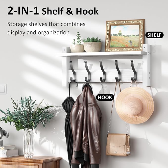 Optish Coat Rack Wall Mount with Shelf, 17.1 Inch Coat Hanger Walls Mounted, Hat Rack for Walls, Shelf with 5 Coat Hooks, Wall Hanger for Entryway (White)
