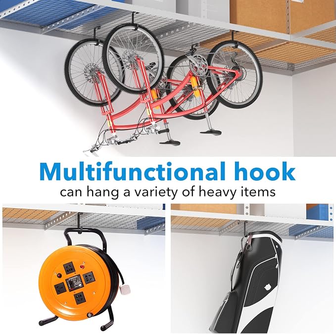 bussdis Thickened Bike Hooks for Garage Ceiling Rack: Heavy Duty Overhead Storage Rack Hook for Bicycle, Hold 50 lb, Safe Rack Bike Hanger, Metal, 4 Pack