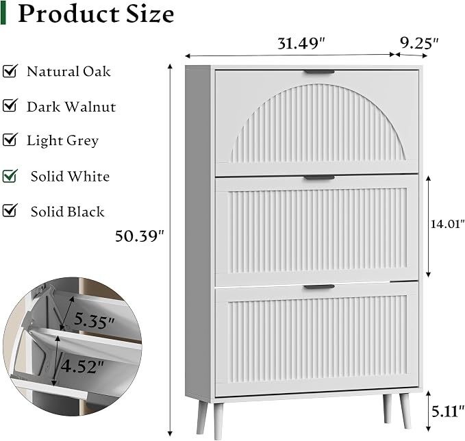 Xixini Shoe Storage Cabinet with 3 Flip Drawers, 50" Tall Narrow Wood Fluted Shoe Organizer for Entryway, Freestanding Wooden Hidden Slim Shoe Rack for Front Door Entrance, Hallway, Foyer, Solid White